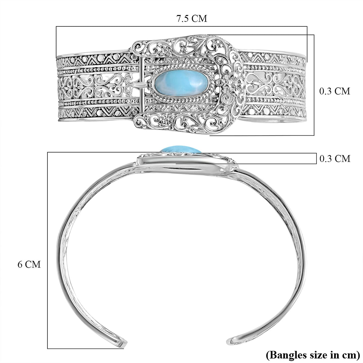 Royal Bali Collection - D'Joy Natural Larimar Sterling Silver Cuff Bangle (Size - 7.5) 4.23 Ct, Silver Wt. 29.85 Gms 8514192 6