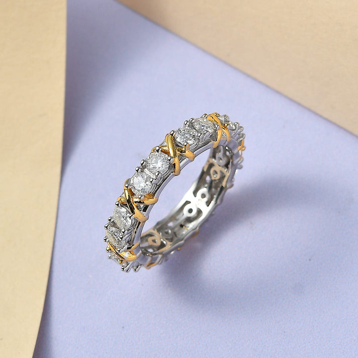 D'Joy Moissanite Criss Cross Band Ring in Platinum Overlay &amp; Yellow Gold Plated Sterling Silver 1.60 Ct. 7690133 2