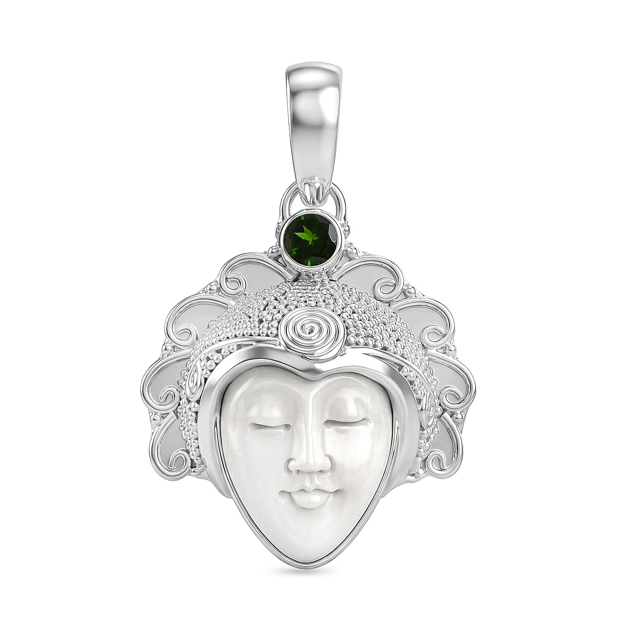 D'Joy Ox Bone &amp; Natural Chrome Diopside Sterling Silver Pendant 2.05 Ct, Silver Wt. 12.50 Gms V32557539 0