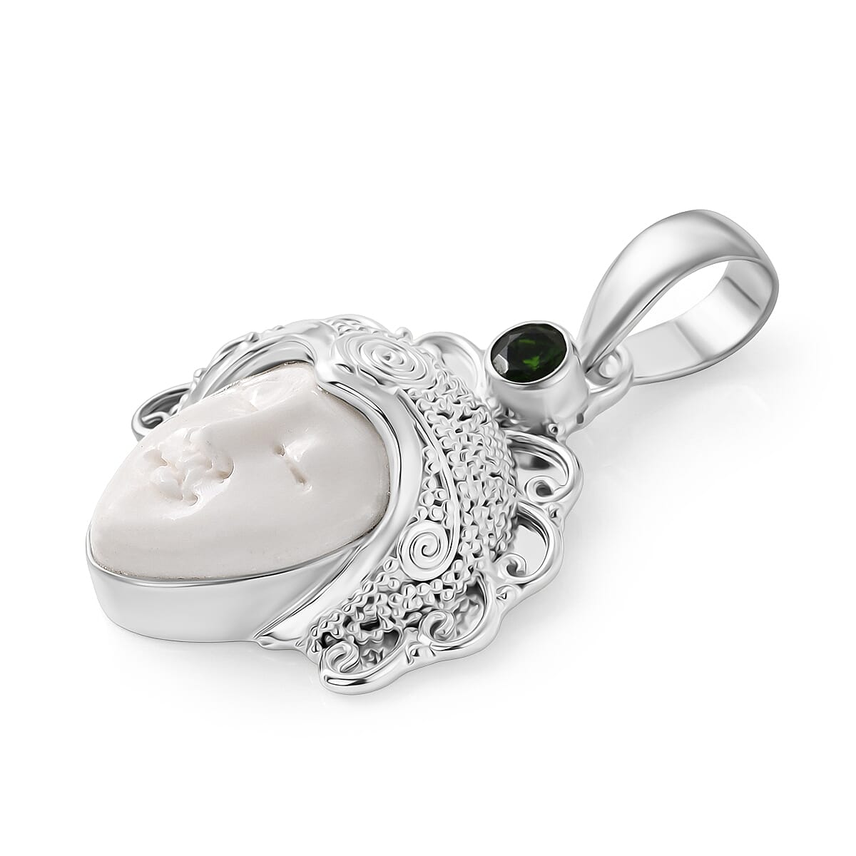 D'Joy Ox Bone &amp; Natural Chrome Diopside Sterling Silver Pendant 2.05 Ct, Silver Wt. 12.50 Gms V32557539 4