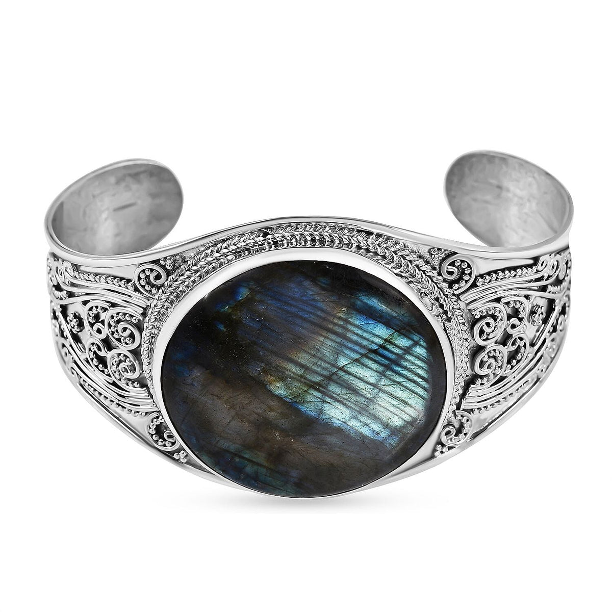 Royal Bali Collection - Labradorite Cuff Bangle (Size - 7.5) in Sterling Silver 120 Ct, Silver Wt. 35.00 GM 7239636 0