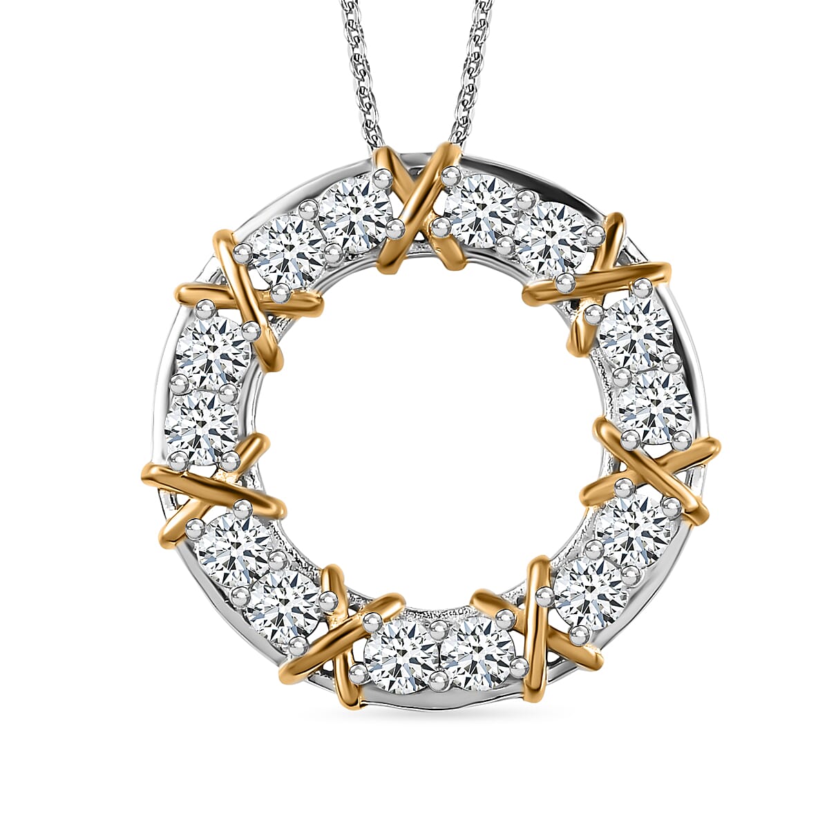 D'Joy Moissanite Circle Pendant with Chain (Size 20) in Yellow Gold Plated &amp; Platinum Overlay Sterling Silver 1.40 Ct V32521707 2