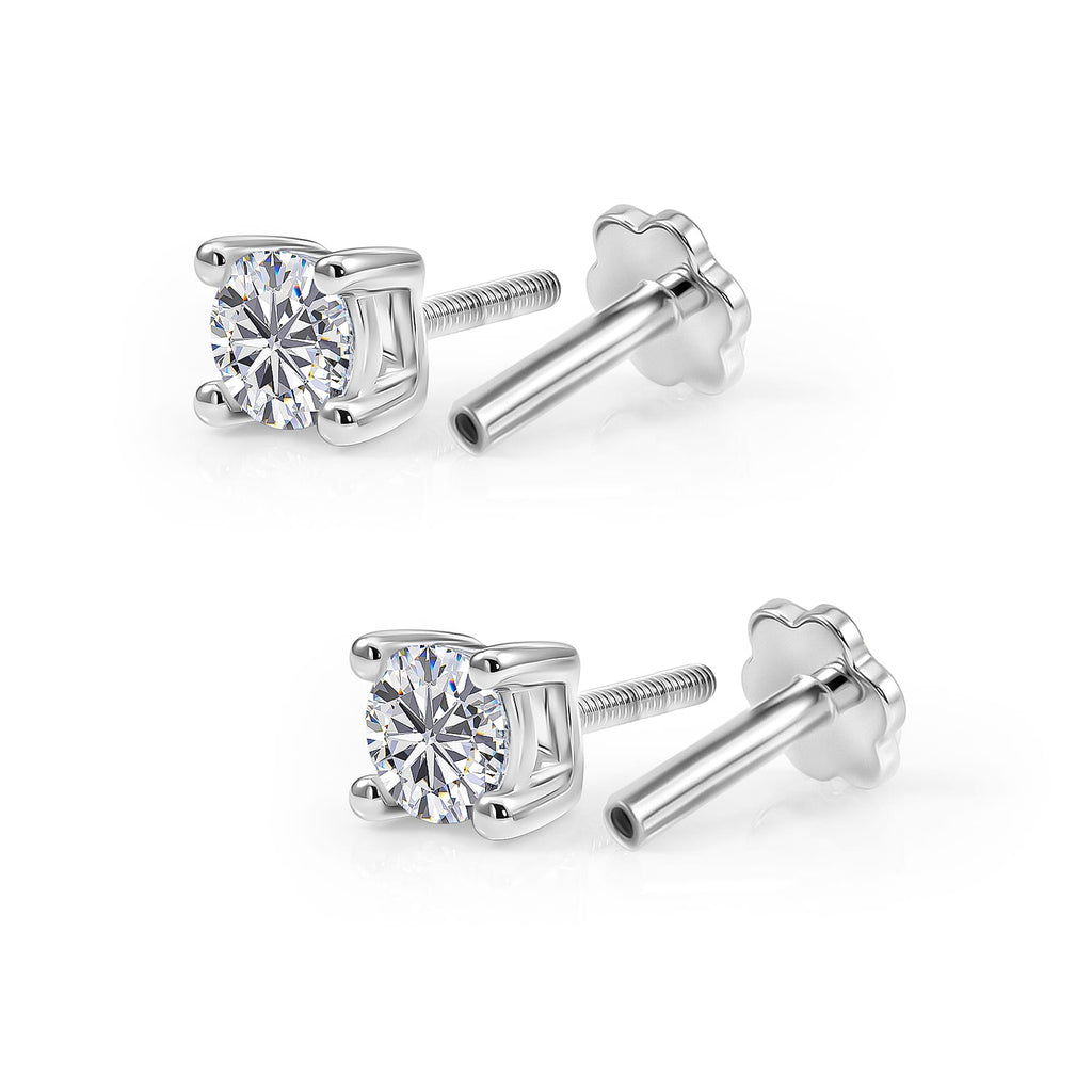 Royal Bali Collection - Moissanite Solitaire Stud Earring with Screw Back in Platinum Overlay Sterling Silver