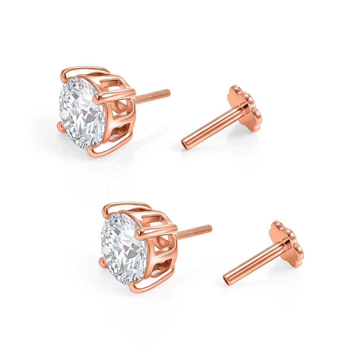 Moissanite Solitaire Stud Earring with Screw Back in Rose Gold Plated Sterling Silver 2.40 Ct. V32732693 5