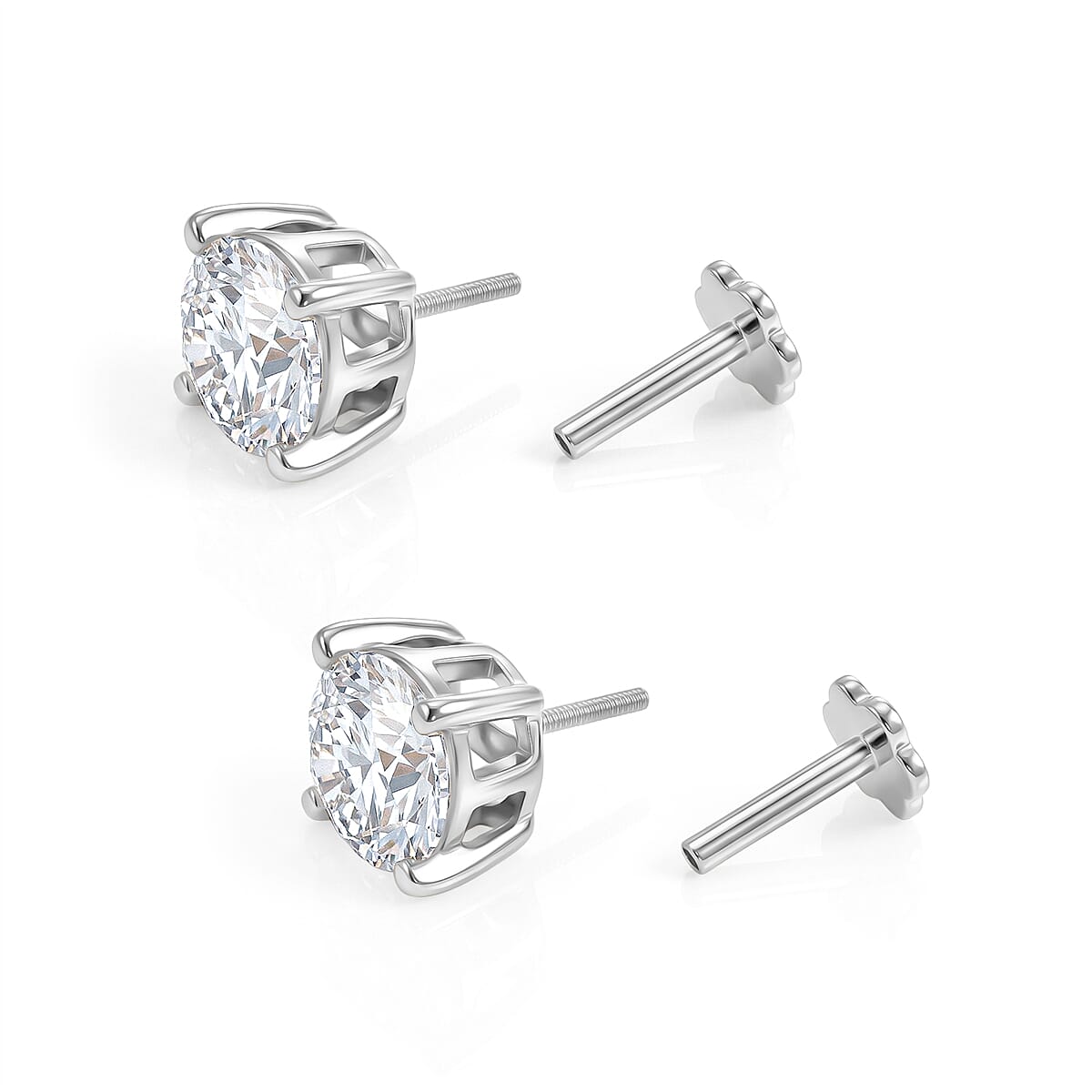 Moissanite Solitaire Stud Earring with Poke-free Screw Back in Platinum Overlay Sterling Silver 2.40 Ct. 8427242 5