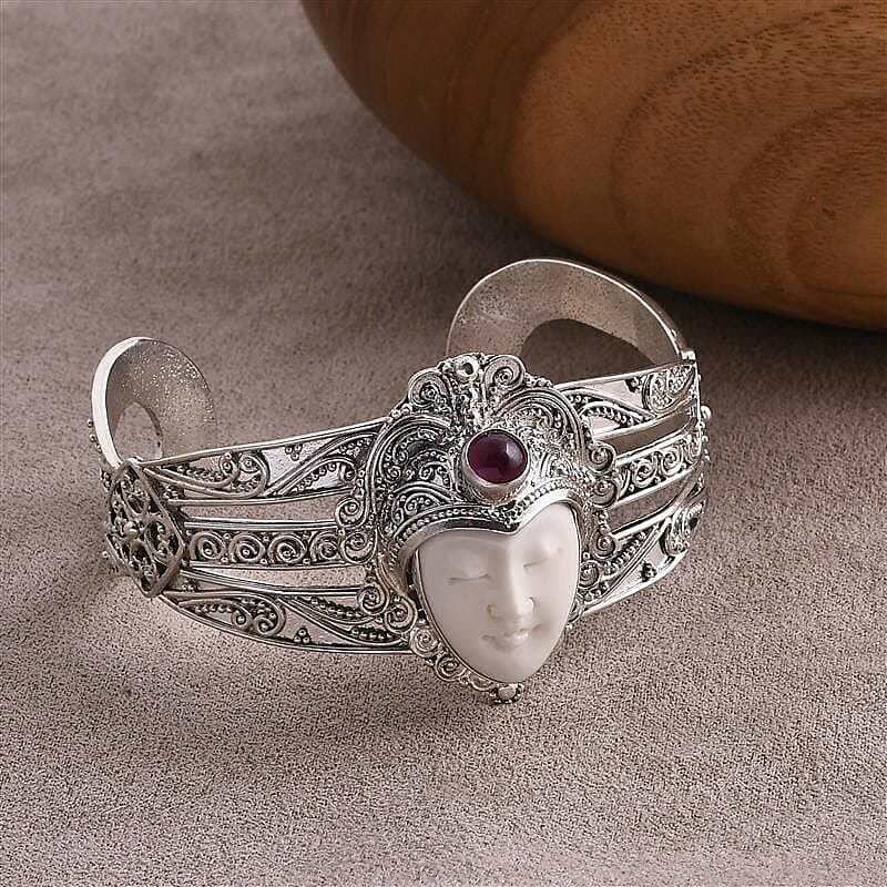 Ox Bone &amp; Ruby Cuff Bangle in Sterling Silver 2.21 Ct, Silver Wt. 41.65 Gms. 8237088 1