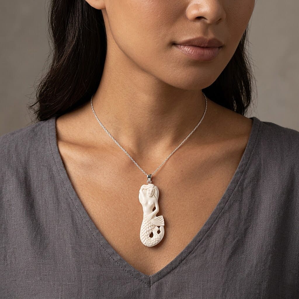 Royal Bali Collection - Ox Bone Carving Cut Mermaid Pendant in  Sterling Silver 23.44 Ct. V32490059 2