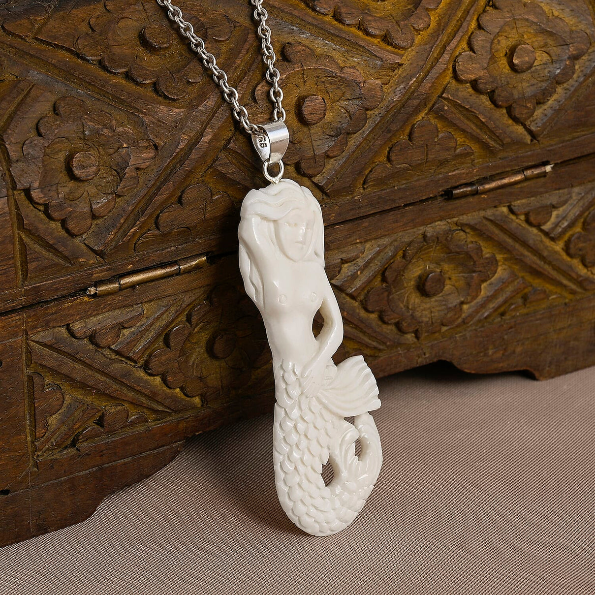 Royal Bali Collection - Ox Bone Carving Cut Mermaid Pendant in  Sterling Silver 23.44 Ct. V32490059 3