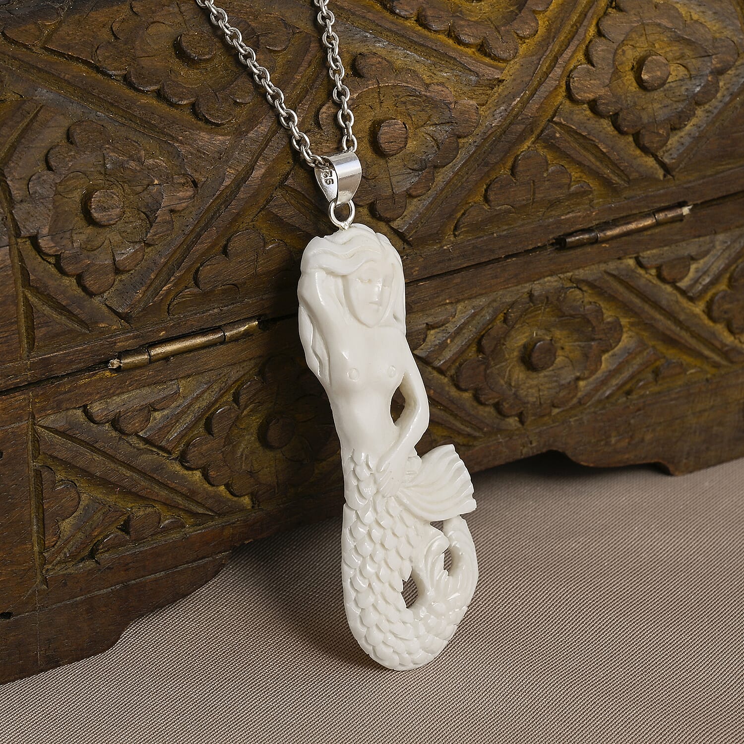 Royal Bali Collection - Ox Bone Carving Cut Mermaid Pendant in  Sterling Silver 23.44 Ct. V32490059 3
