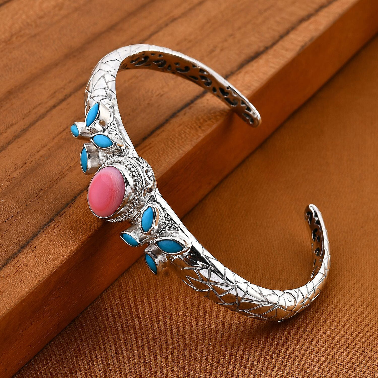 Royal Bali Collection - Pink Conch Shell, Sleeping Beauty Turquoise Bangle in Sterling Silver 7.5 Inch 7856187 3