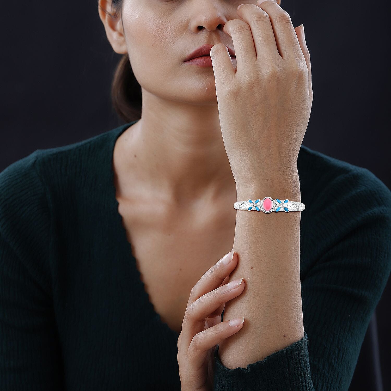 Royal Bali Collection - Pink Conch Shell, Sleeping Beauty Turquoise Bangle in Sterling Silver 7.5 Inch 7856187 5