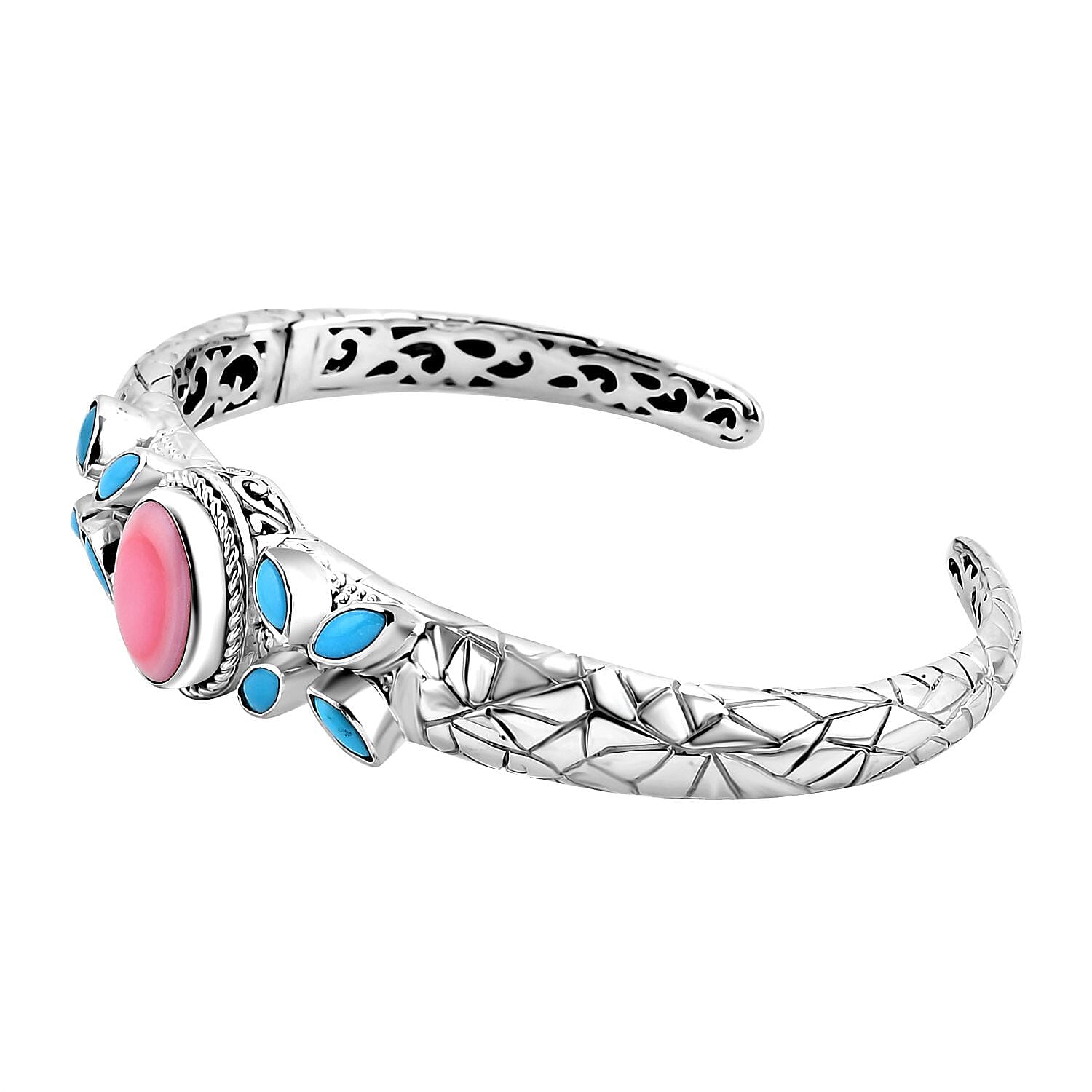 Royal Bali Collection - Pink Conch Shell, Sleeping Beauty Turquoise Bangle in Sterling Silver 7.5 Inch 7856187 7