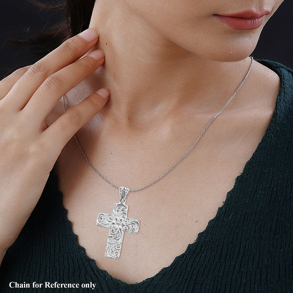 Royal Bali Collection - Sterling Silver Floral Cross Pendant