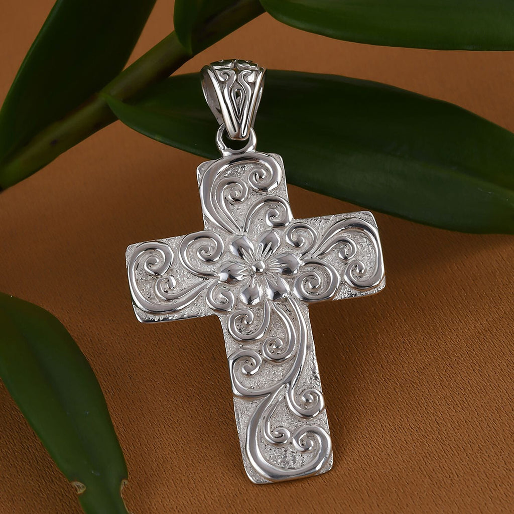 Royal Bali Collection - Sterling Silver Floral Cross Pendant