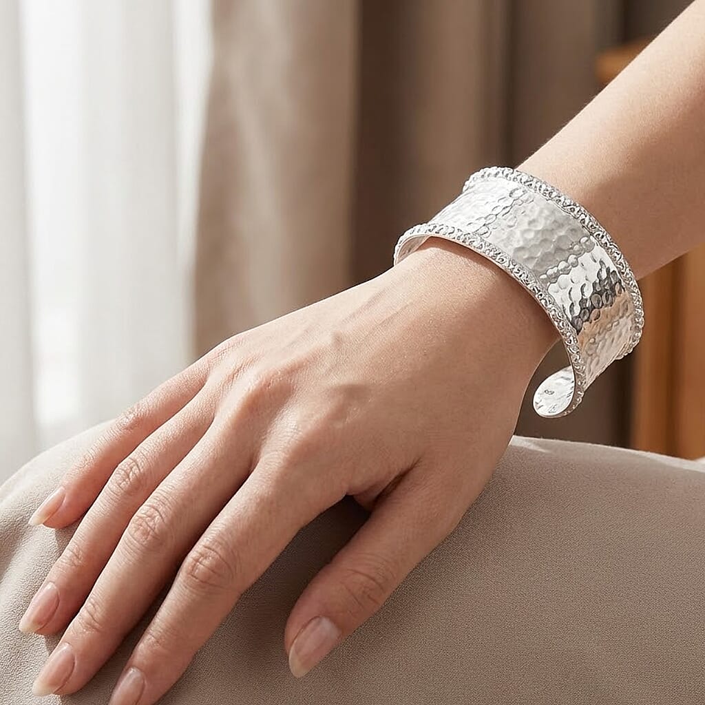Royal Bali Handmade Hammered Sterling Silver Cuff Bangle (Size-7.5), Silver Wt. 31.58 Gms 7750660 3
