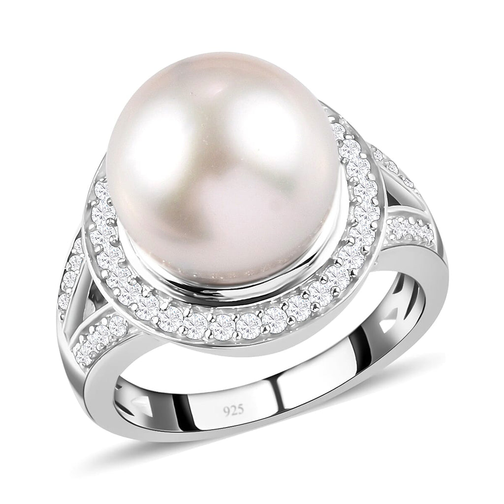 Royal Bali Collection - White South Sea Pearl and Natural Cambodian Zircon Ring in Platinum Overlay Sterling Silver