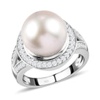 Royal Bali Collection - White South Sea Pearl and Natural Cambodian Zircon Ring in Platinum Overlay Sterling Silver