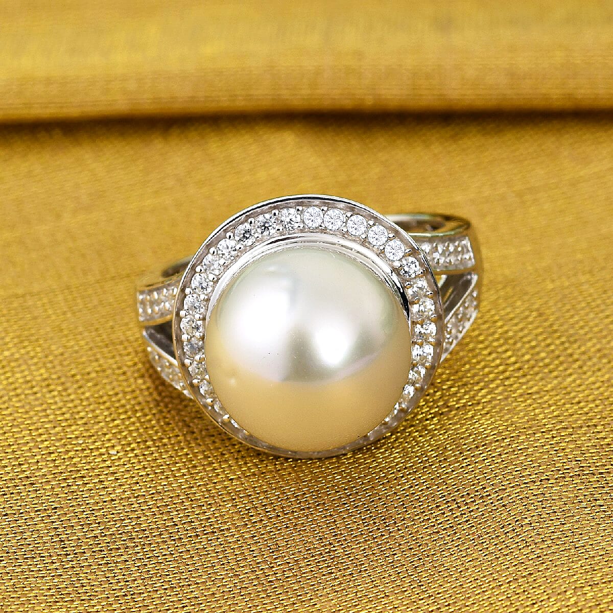 Royal Bali Collection - White South Sea Pearl and Natural Cambodian Zircon Ring in Platinum Plated Sterling Silver 3738540 2