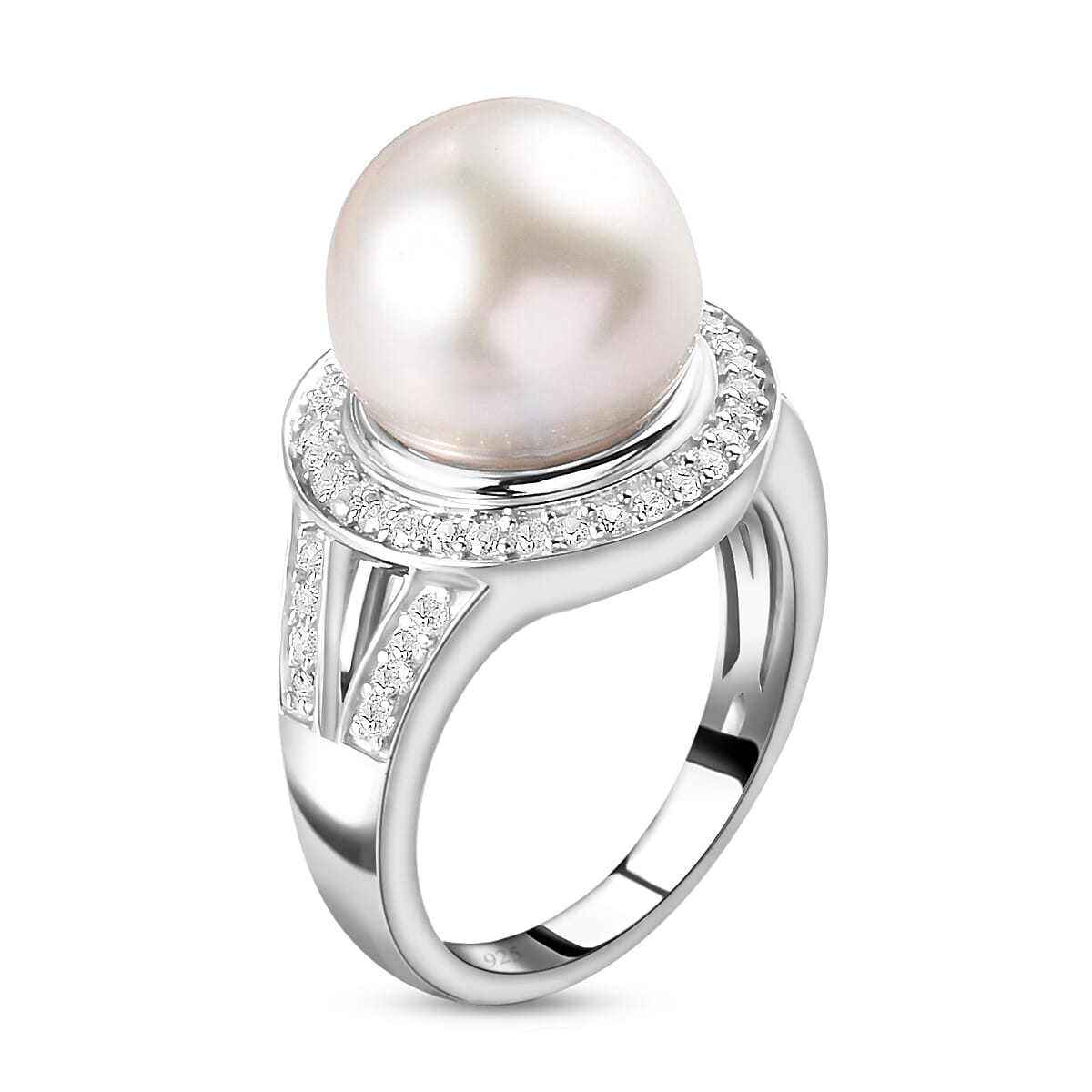 Royal Bali Collection - White South Sea Pearl and Natural Cambodian Zircon Ring in Platinum Plated Sterling Silver 3738540 4