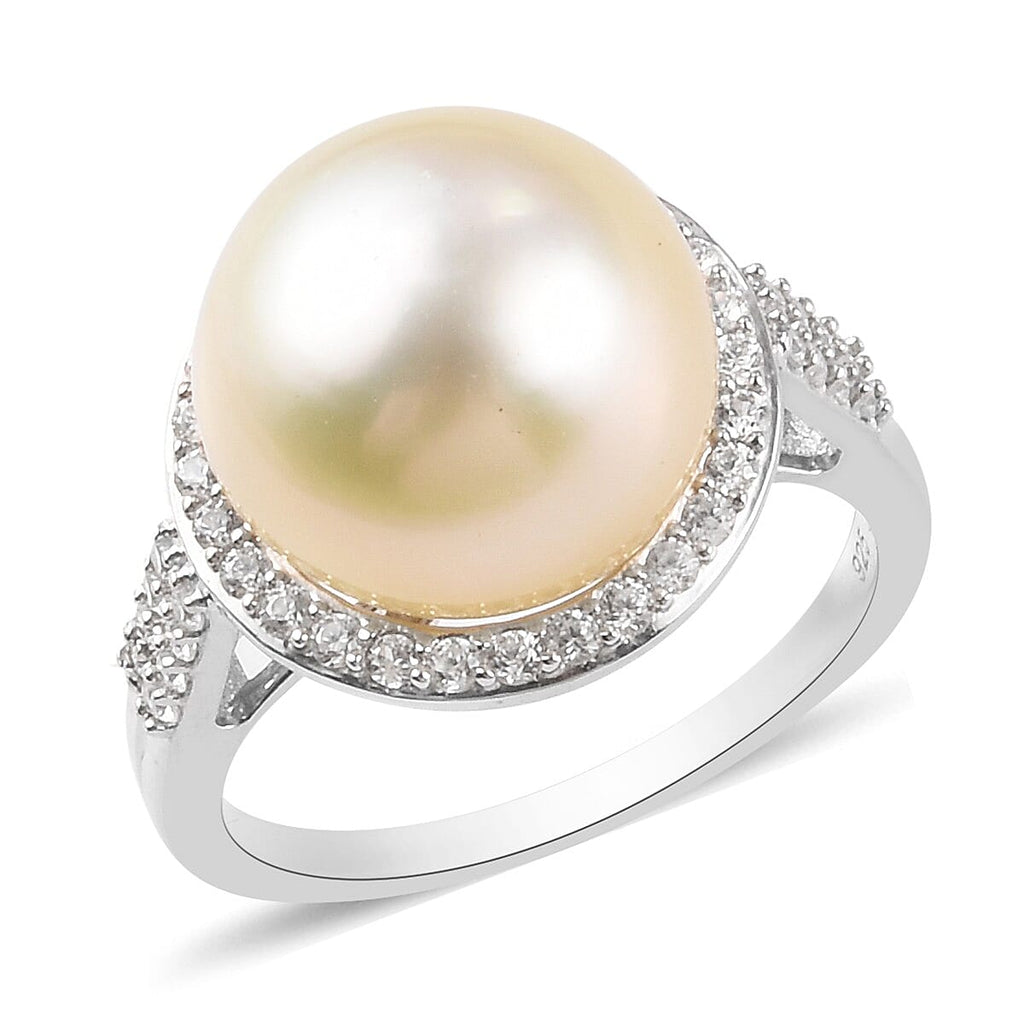 White South Sea Pearl and Natural Cambodian Zircon Ring in Platinum Overlay Sterling Silver