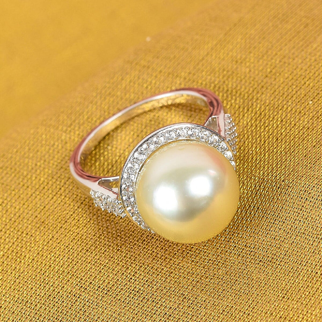 White South Sea Pearl and Natural Cambodian Zircon Ring in Platinum Overlay Sterling Silver