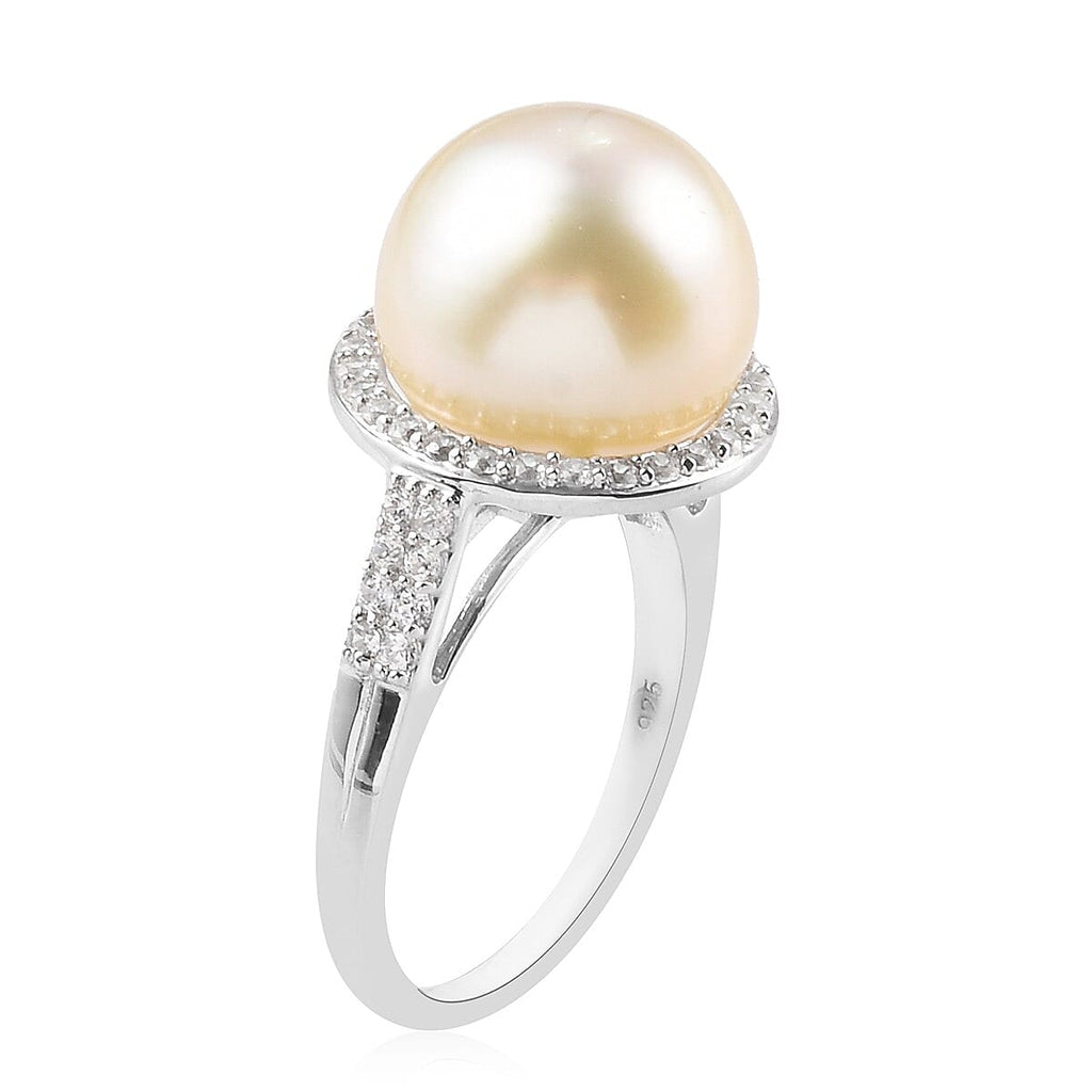 White South Sea Pearl and Natural Cambodian Zircon Ring in Platinum Overlay Sterling Silver
