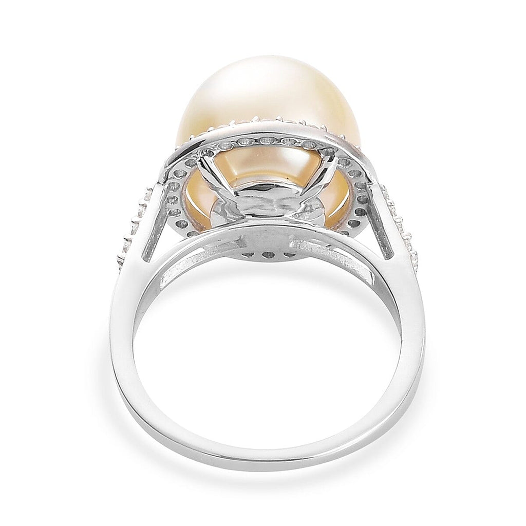 White South Sea Pearl and Natural Cambodian Zircon Ring in Platinum Overlay Sterling Silver