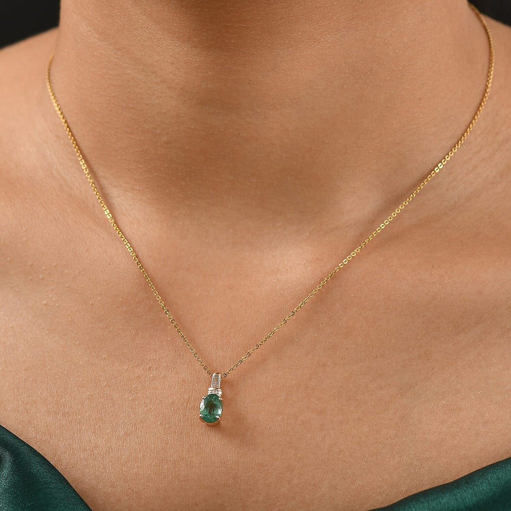 9K Yellow Gold AAA Zambian Emerald & White Diamond Pendant 1.16 Ct.