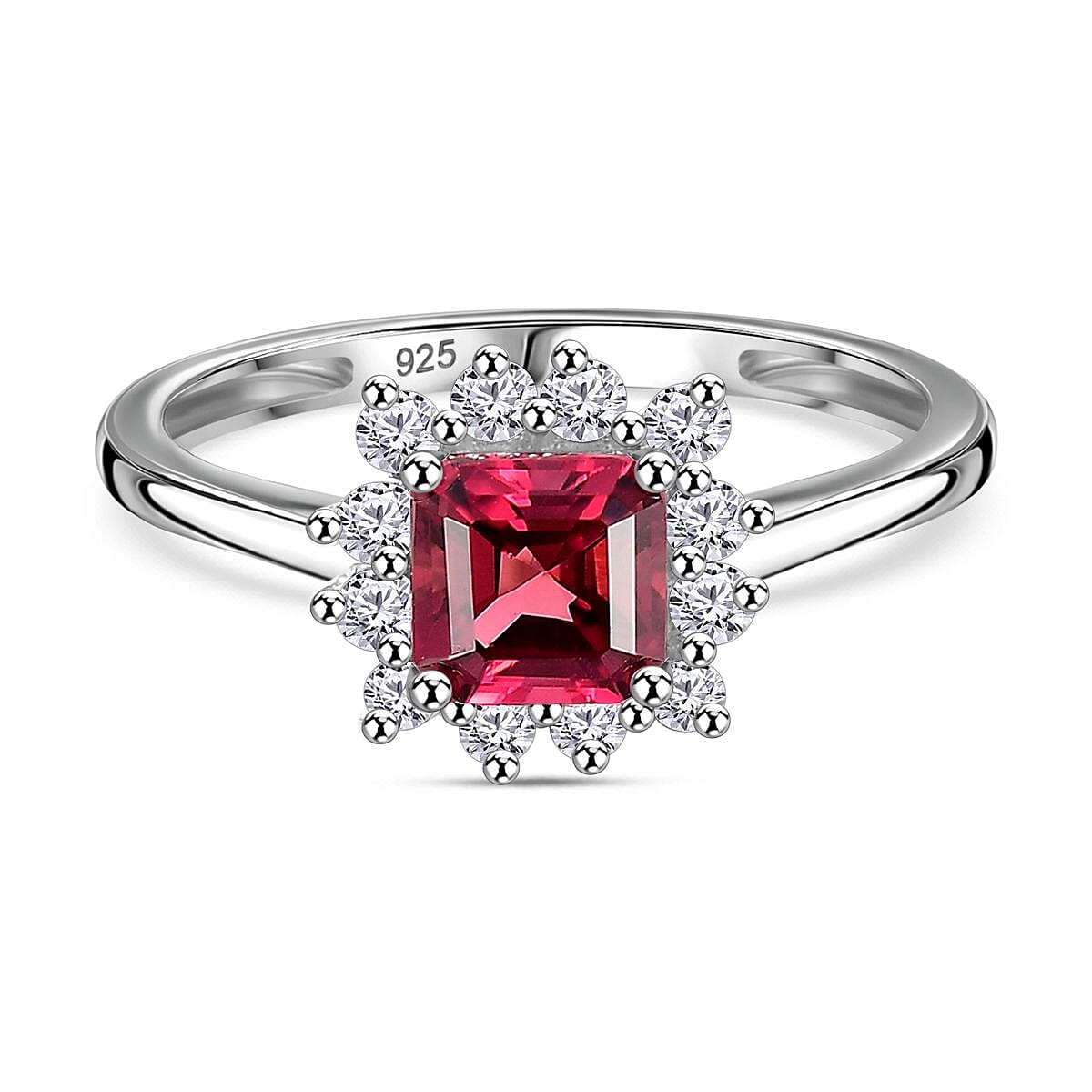 Rubellite, Moissanite Halo Ring in Rhodium Overlay Sterling Silver, 0.953 Ct. 7857544 0