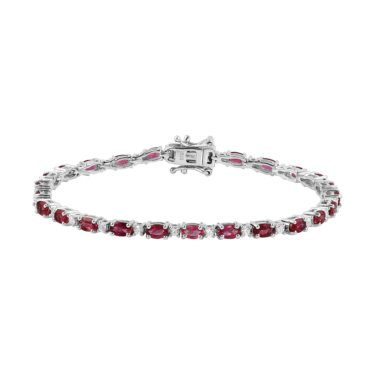 Rubellite with Natural Cambodian Zircon Tennis Bracelet (Size - 7.5) in Platinum Plated Sterling Silver 7.68 Ct, Silver Wt. 8.74 Gms 7021585 0