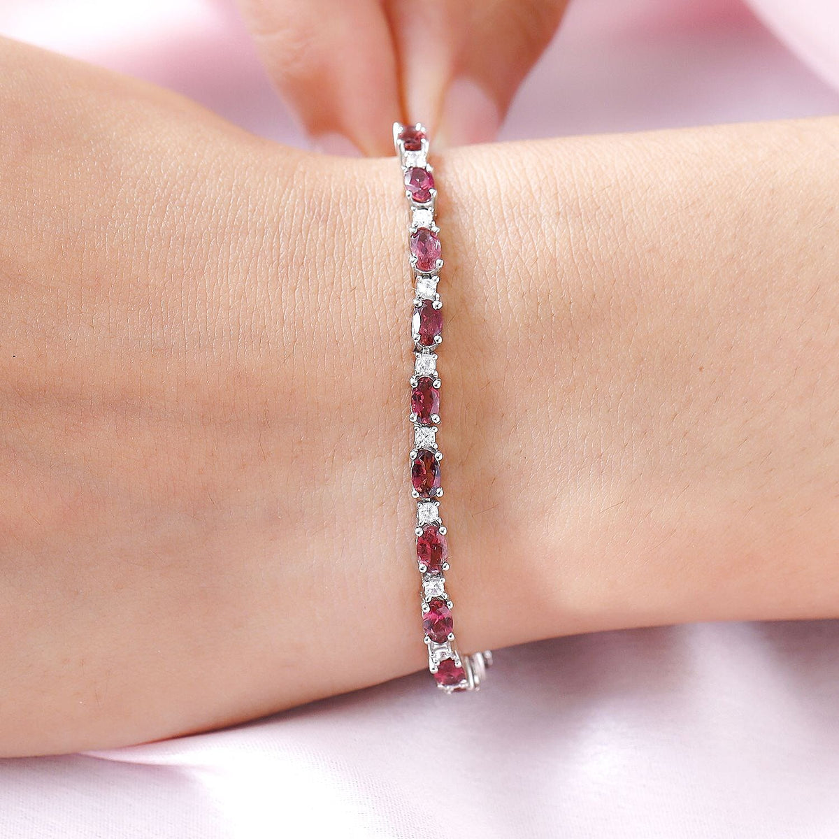 Rubellite with Natural Cambodian Zircon Tennis Bracelet (Size - 7.5) in Platinum Plated Sterling Silver 7.68 Ct, Silver Wt. 8.74 Gms 7021585 3
