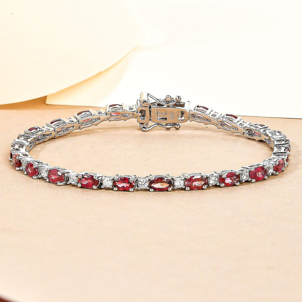 Rubellite and Natural Zircon Bracelet (Size - 8) in Platinum Overlay Sterling Silver 7.98 Ct, Silver Wt. 8.82 Gms