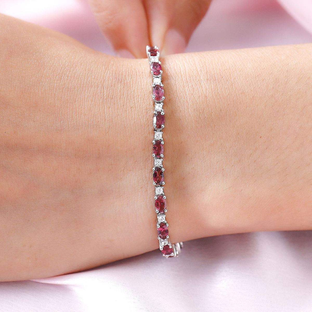 Rubellite with Natural Cambodian Zircon Tennis Bracelet (Size - 8) in Platinum Plated Sterling Silver 7.98 Ct, Silver Wt. 8.82 Gms 7021629 3
