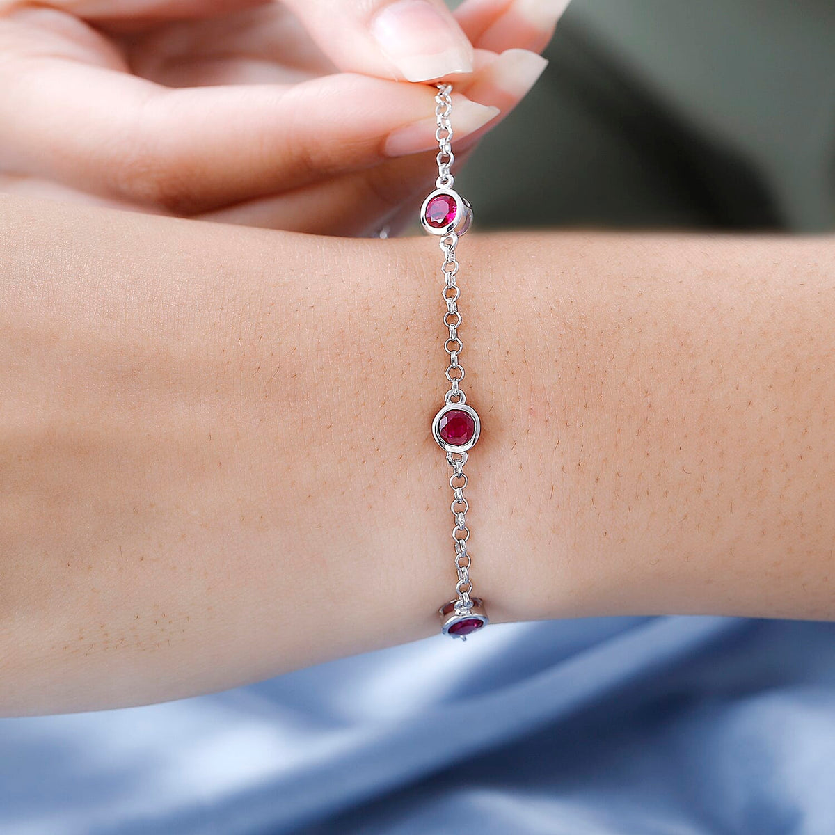 Ruby Cubic Zirconia Chain Bracelet (Size - 7.5) in Platinum Overlay Sterling Silver 7574932 2