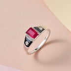 African Ruby and Natural Zircon Halo Ring in Sterling Silver