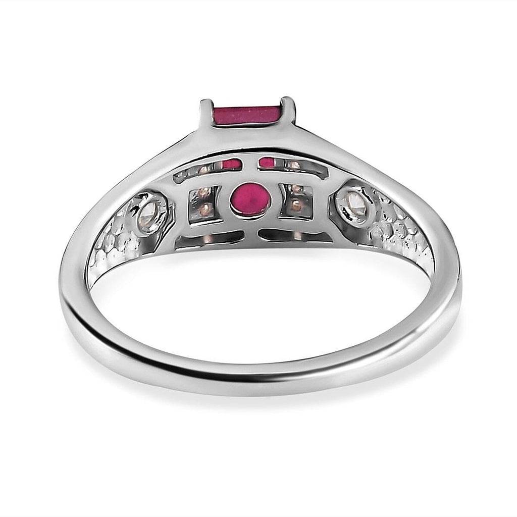 African Ruby and Natural Zircon Halo Ring in Sterling Silver