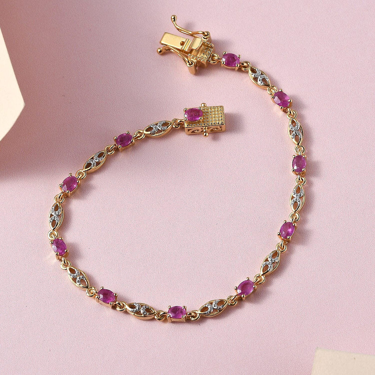 Ruby Bracelet (Size - 7.0) in 18K Vermeil Yellow Gold Plated Sterling Silver 2.35 Ct, Silver Wt 6.90 Gms 7260728 2