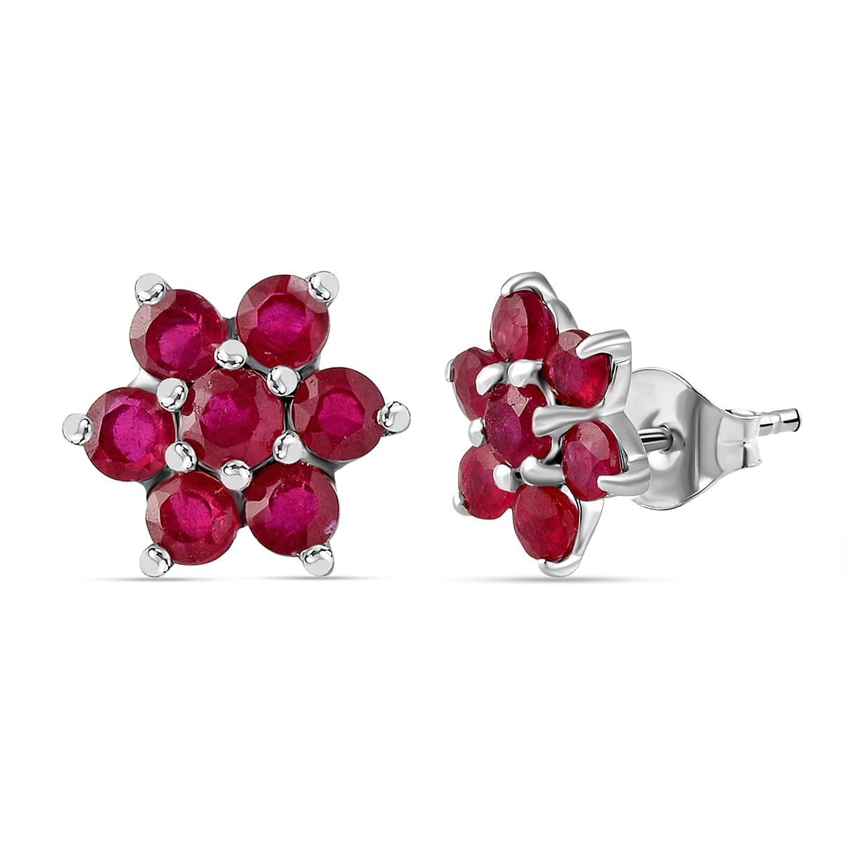 Ruby Floral Earrings with Push Back in Rhodium Overlay Sterling Silver 1.25 Ct. 2428979 0