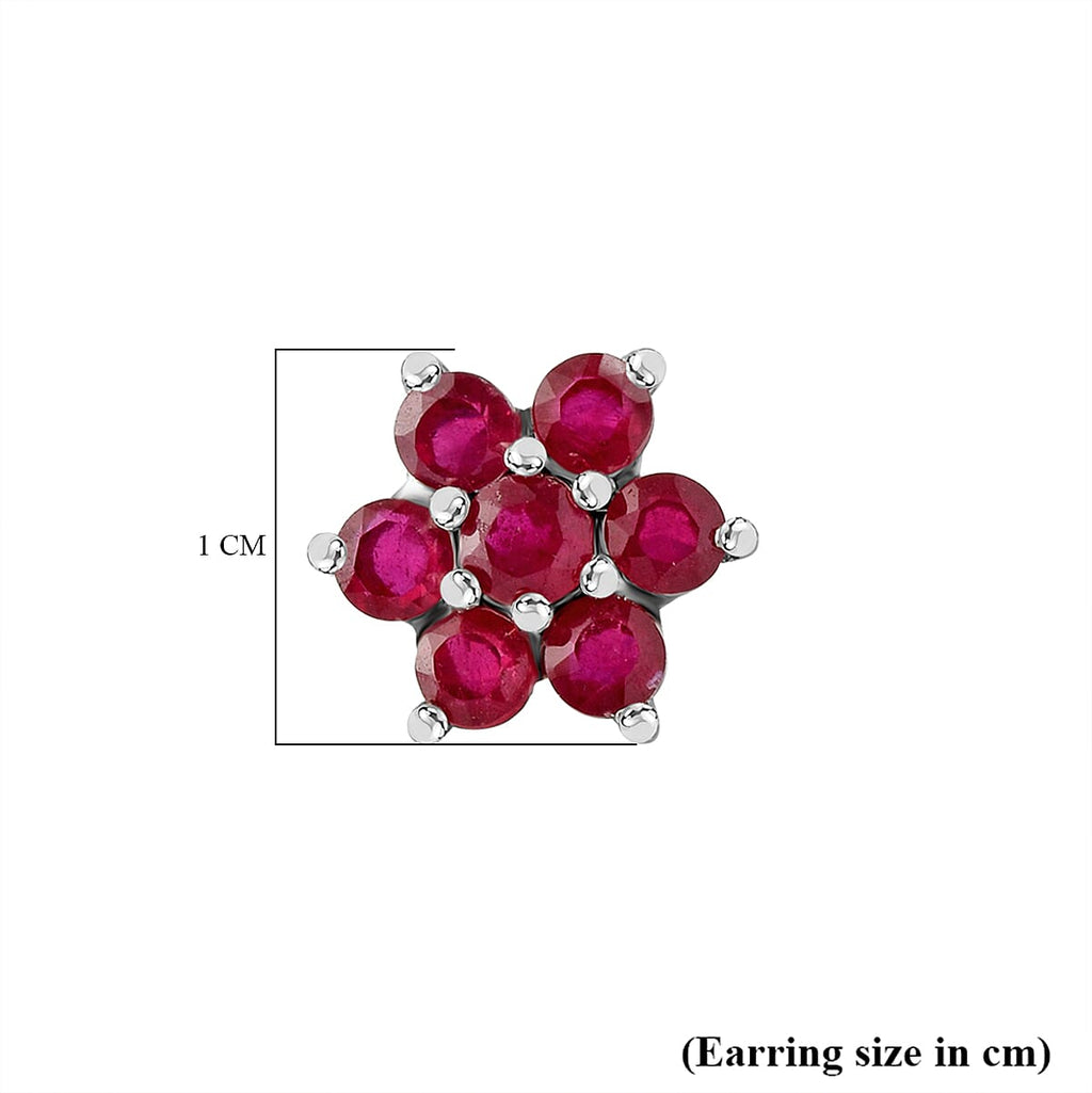 Ruby Floral Earrings with Push Back in Rhodium Overlay Sterling Silver 1.25 Ct.