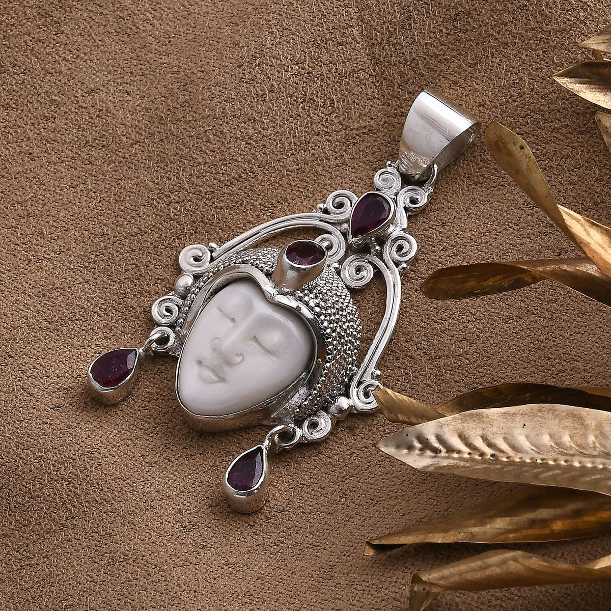 Ruby &amp; Ox Bone Statement Pendant Sterling Silver 8.56 Ct, Silver Wt. 12.50 Gms. 8216645 1