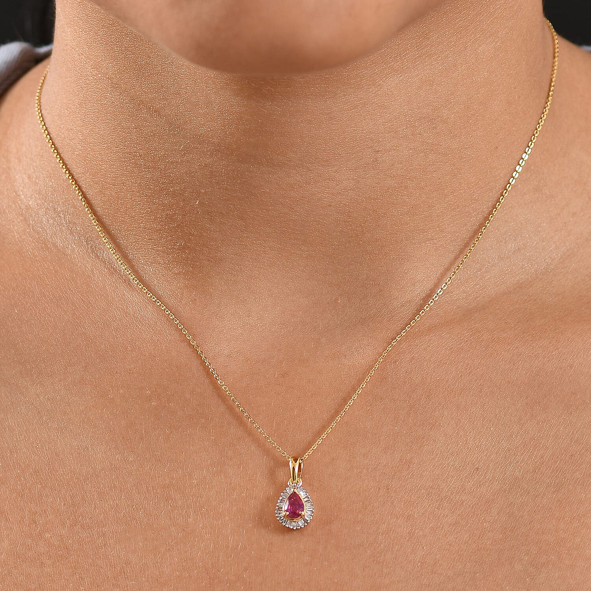 Natural Unheated Ruby &amp; White Zircon Pendant with Chain (Size 20) in 18K Vermeil Yellow Gold Plated Sterling Silver 4398889 2