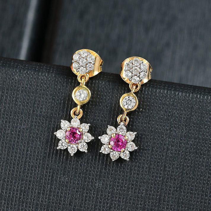 Natural Unheated Ruby, White Zircon Floral Dangling Earring in 18K Vermeil Yellow Gold Over Sterling Silver 1.24 Ct. 8195761 2