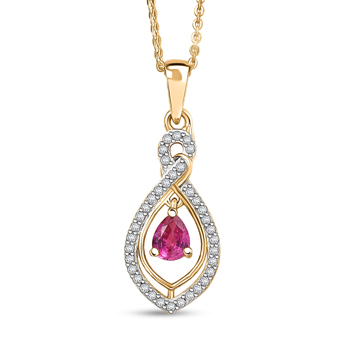 Natural Unheated Ruby &amp; White Zircon Pendant with Chain (Size 20) in 18K Vermeil Yellow Gold Plated Sterling Silver 4398880 0