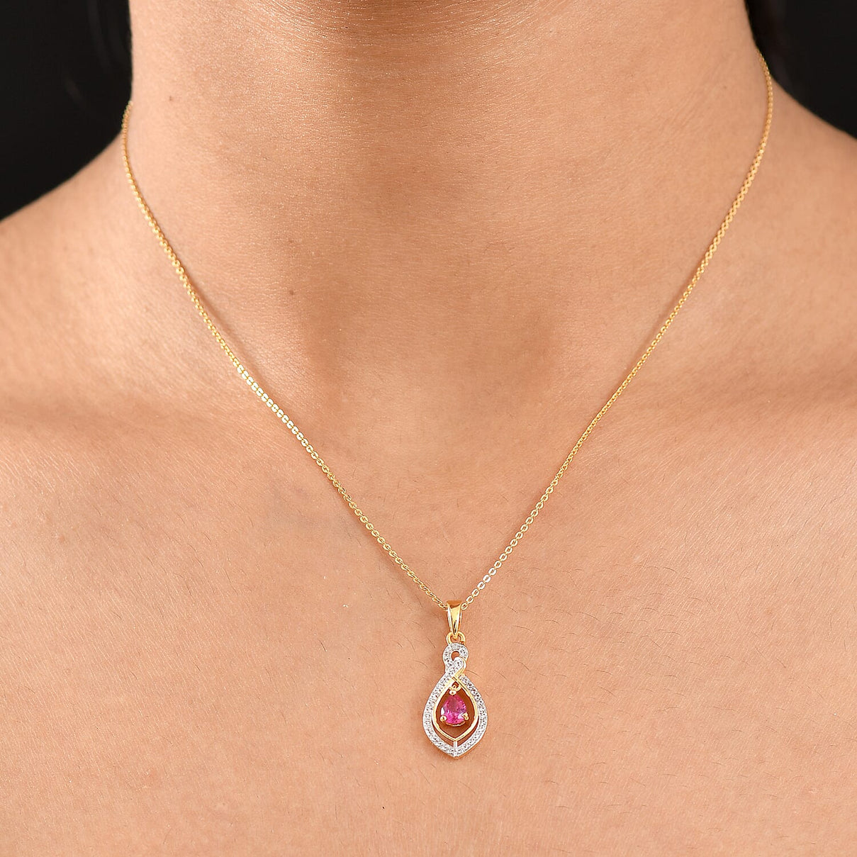 Natural Unheated Ruby &amp; White Zircon Pendant with Chain (Size 20) in 18K Vermeil Yellow Gold Plated Sterling Silver 4398880 2