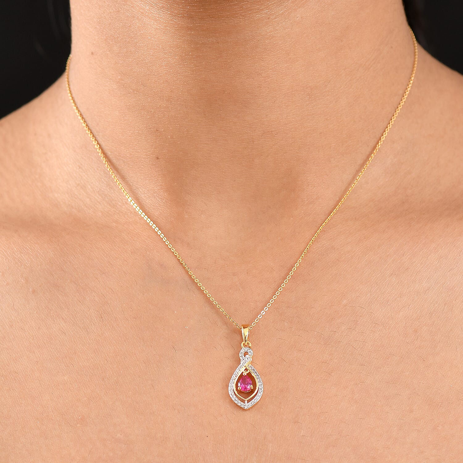 Natural Unheated Ruby &amp; White Zircon Pendant with Chain (Size 20) in 18K Vermeil Yellow Gold Plated Sterling Silver 4398880 2