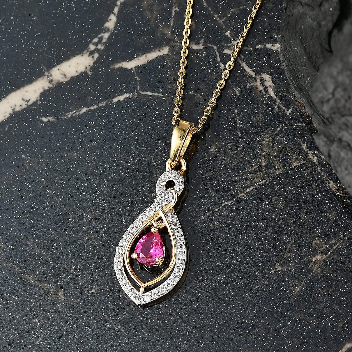 Natural Unheated Ruby &amp; White Zircon Pendant with Chain (Size 20) in 18K Vermeil Yellow Gold Plated Sterling Silver 4398880 3