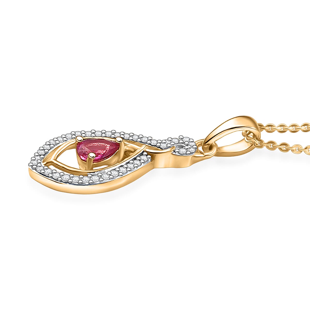 Natural Unheated Ruby &amp; White Zircon Pendant with Chain (Size 20) in 18K Vermeil Yellow Gold Plated Sterling Silver 4398880 4