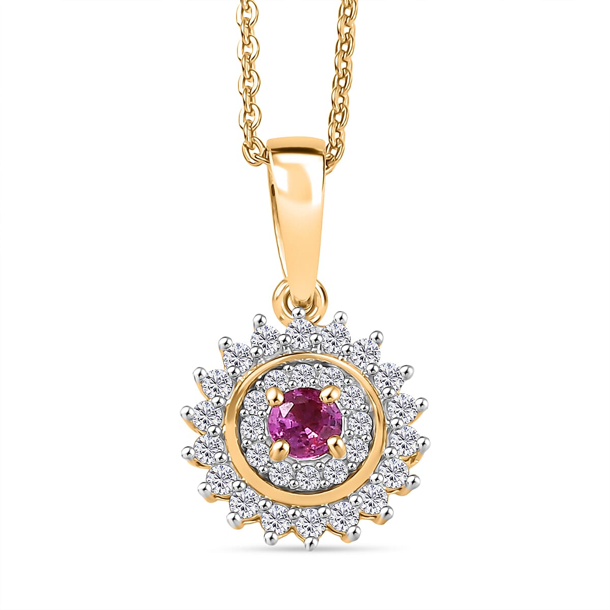 Natural Unheated Ruby &amp; White Zircon Pendant with Chain (Size 20) in 18K Vermeil Yellow Gold Plated Sterling Silver 4398886 0