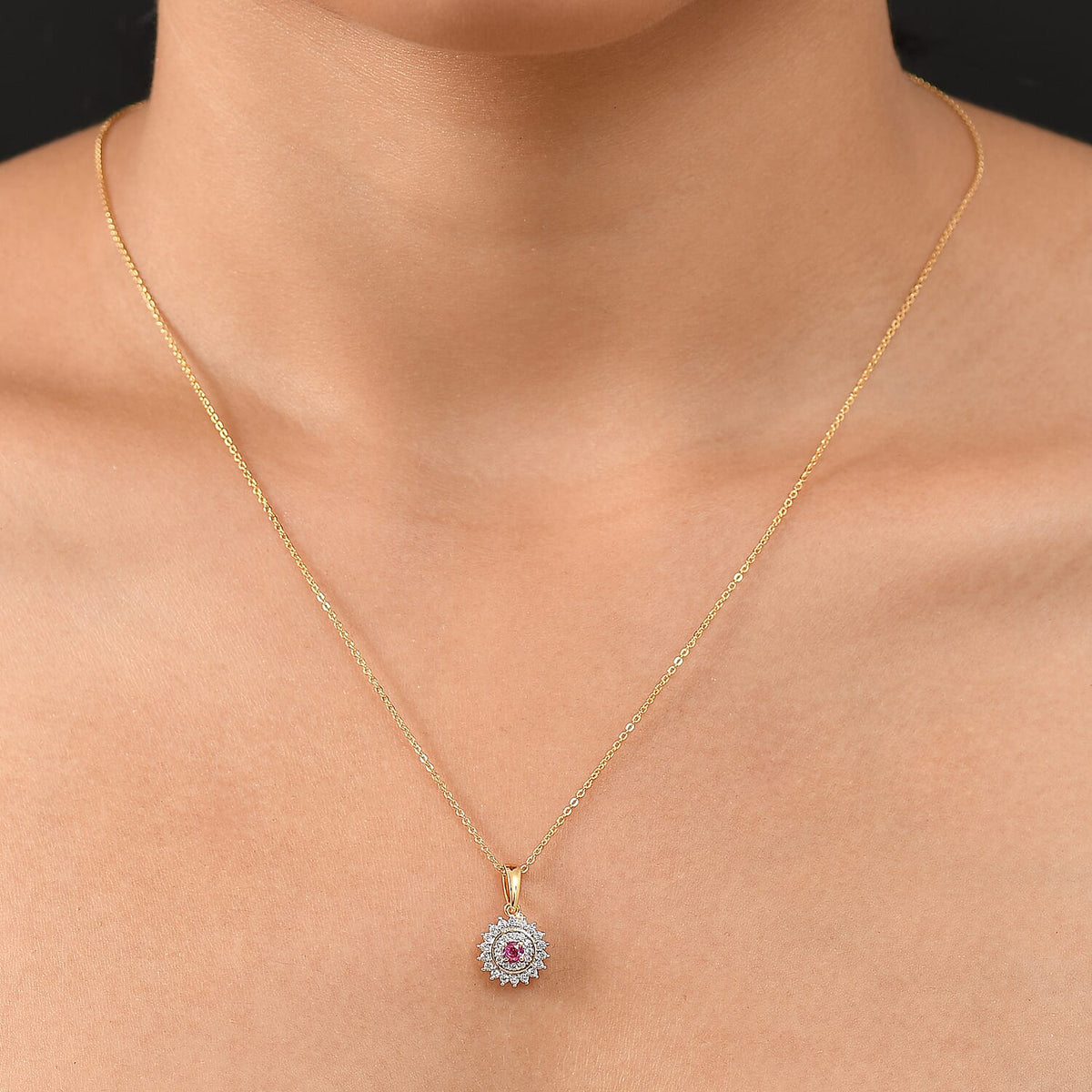 Natural Unheated Ruby &amp; White Zircon Pendant with Chain (Size 20) in 18K Vermeil Yellow Gold Plated Sterling Silver 4398886 2