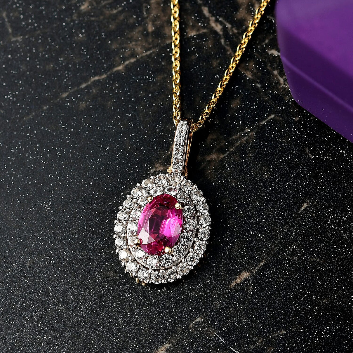 Ruby &amp; White Zircon Pendant with Chain (Size 20) in 18K Vermeil Yellow Gold Plated Sterling Silver 4398888 3